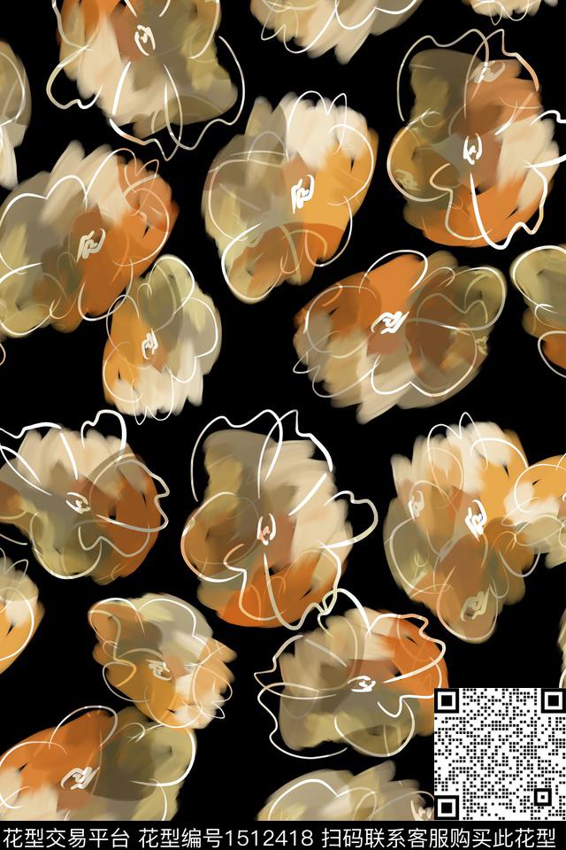 黑底花卉花卉大牌风数码印花花型下载（图片编号: 1512418） - 瓦栏（Walan）