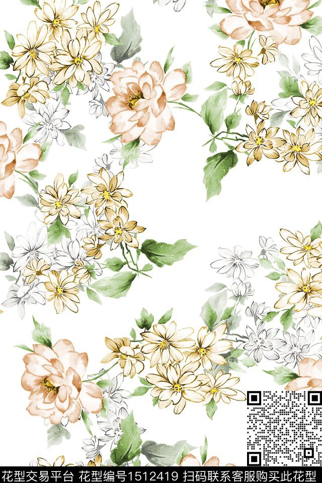 花卉大牌风小清新数码印花花型下载（图片编号: 1512419） - 瓦栏（Walan）