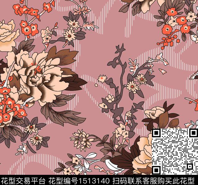 几何花卉女装牡丹数码印花花型下载（图片编号: 1513140） - 瓦栏（Walan）