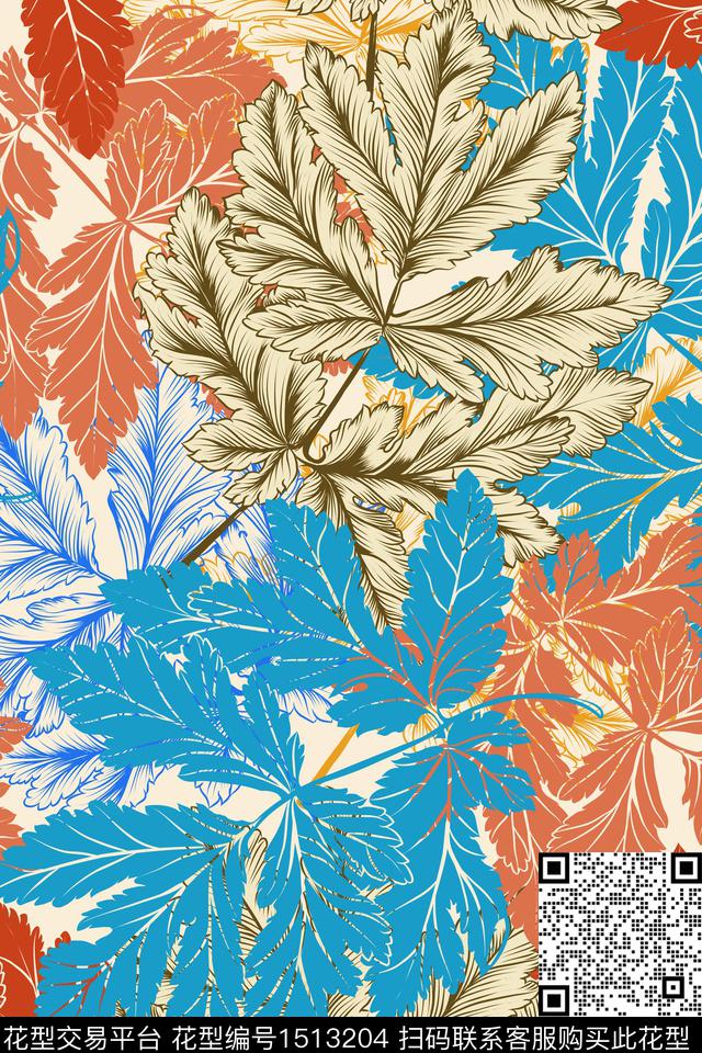 树叶-1.jpg - 1513204 - 绿植树叶 枫叶 热带花型 - 数码印花花型 － 女装花型设计 － 瓦栏
