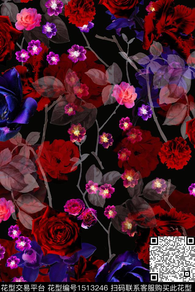 黑底花卉-1.jpg - 1513246 - 黑底花卉 热带花型 小碎花 - 数码印花花型 － 女装花型设计 － 瓦栏