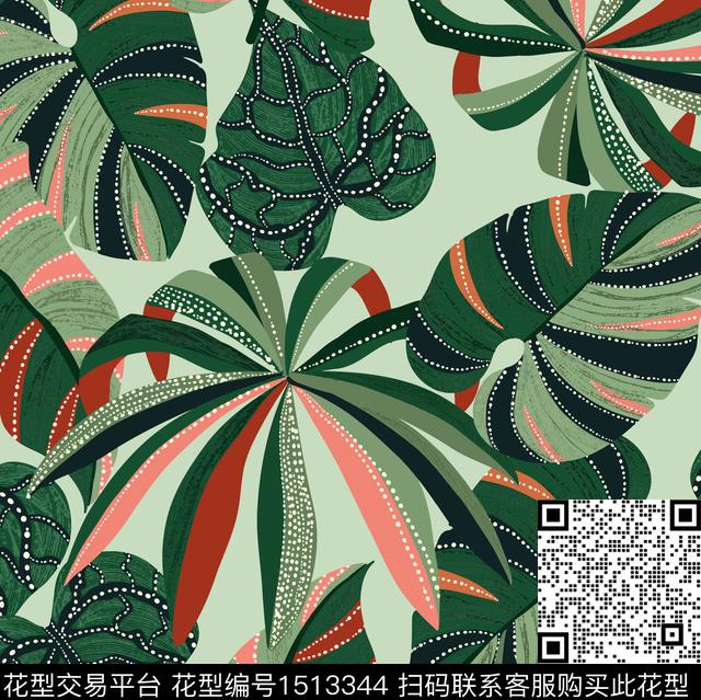 热带花型夏威夷风绿植树叶数码印花花型下载（图片编号: 1513344） - 瓦栏（Walan）