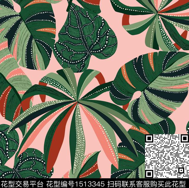 热带花型夏威夷风绿植树叶数码印花花型下载（图片编号: 1513345） - 瓦栏（Walan）