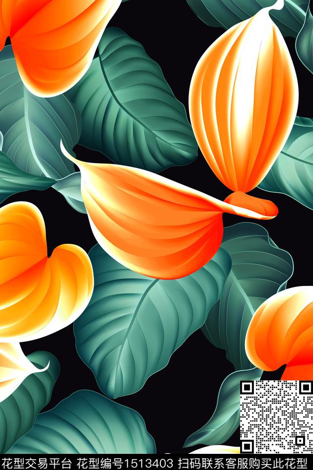 绿植树叶花卉热带花型数码印花花型下载（图片编号: 1513403） - 瓦栏（Walan）