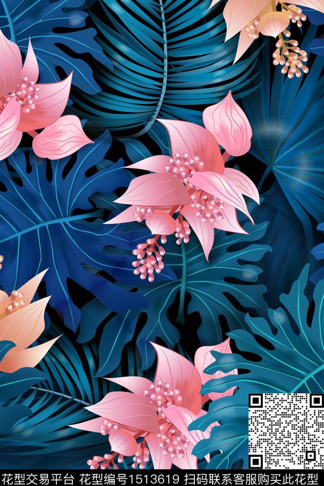 绿植树叶花卉热带花型数码印花花型下载（图片编号: 1513619） - 瓦栏（Walan）