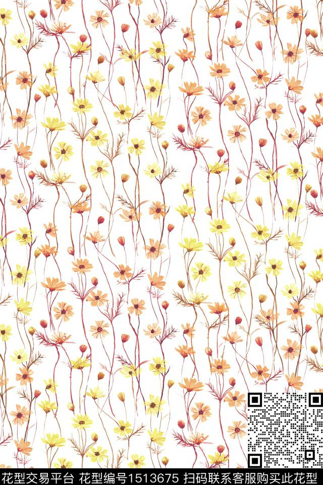 清爽底花卉大牌风小清新数码印花花型下载（图片编号: 1513675） - 瓦栏（Walan）
