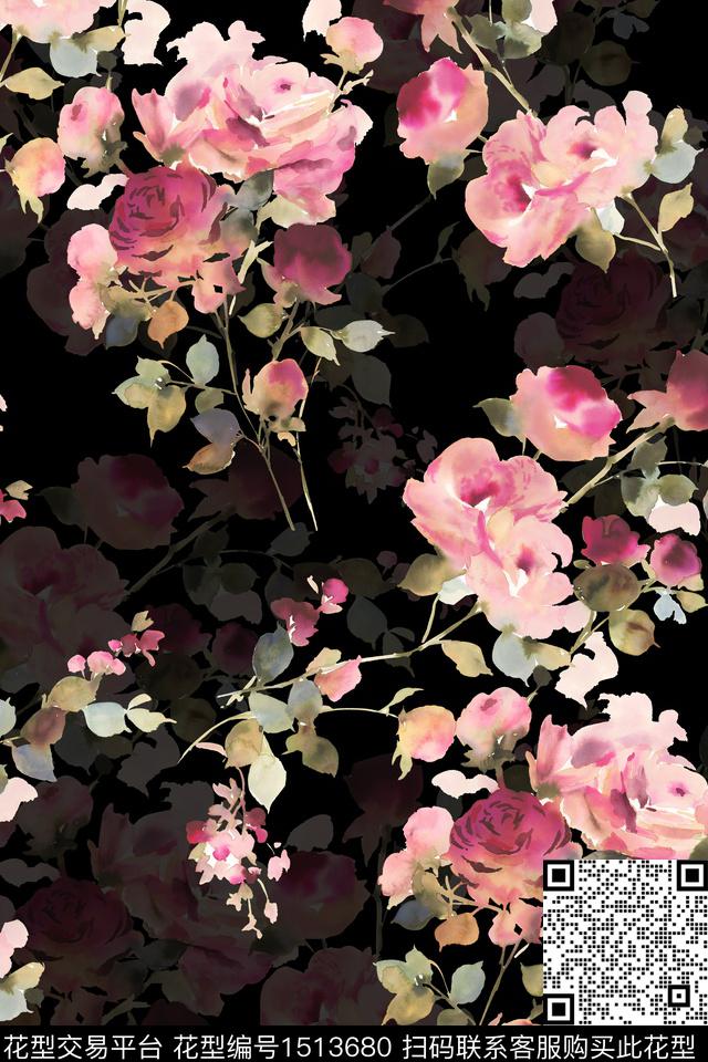 XZ3977.jpg - 1513680 - 黑底花卉 花卉 真丝 - 数码印花花型 － 女装花型设计 － 瓦栏