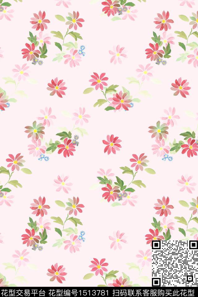 清爽底花卉大牌风小清新数码印花花型下载（图片编号: 1513781） - 瓦栏（Walan）