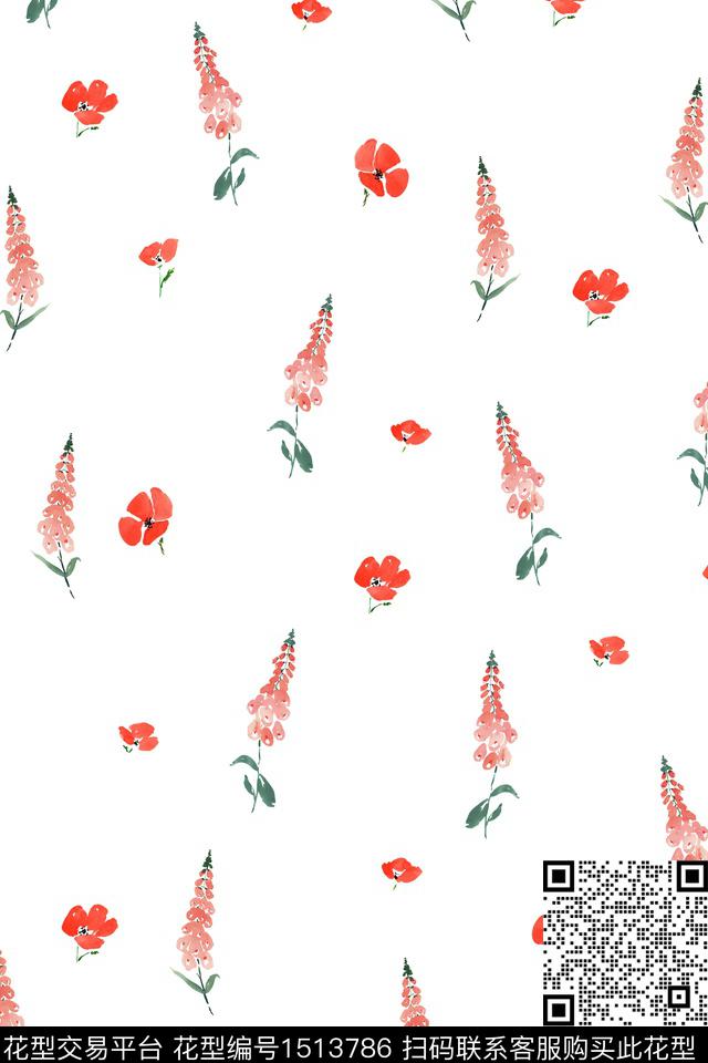 清爽底花卉大牌风小清新数码印花花型下载（图片编号: 1513786） - 瓦栏（Walan）