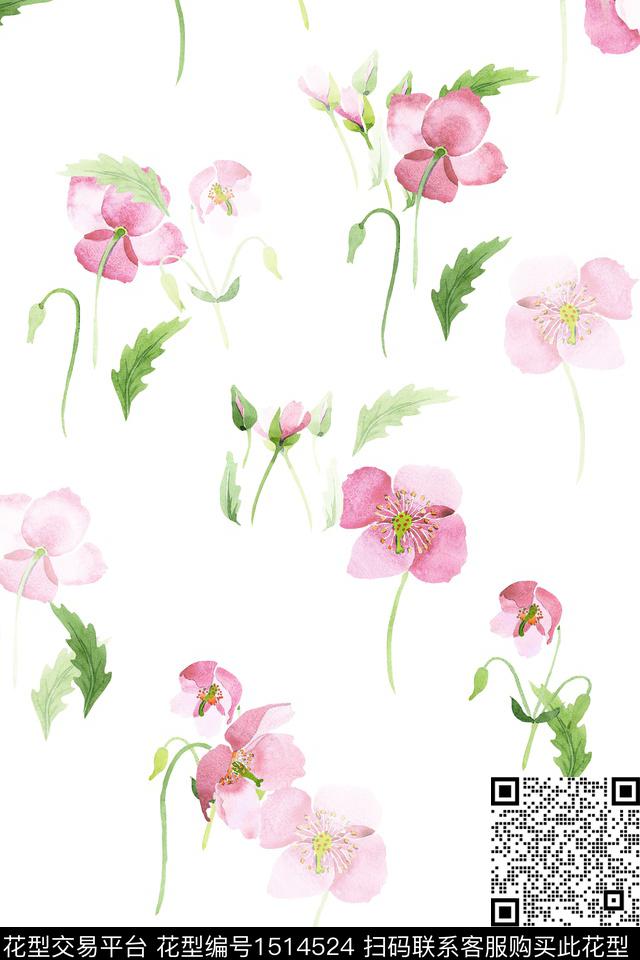 花卉大牌风小清新数码印花花型下载（图片编号: 1514524） - 瓦栏（Walan）