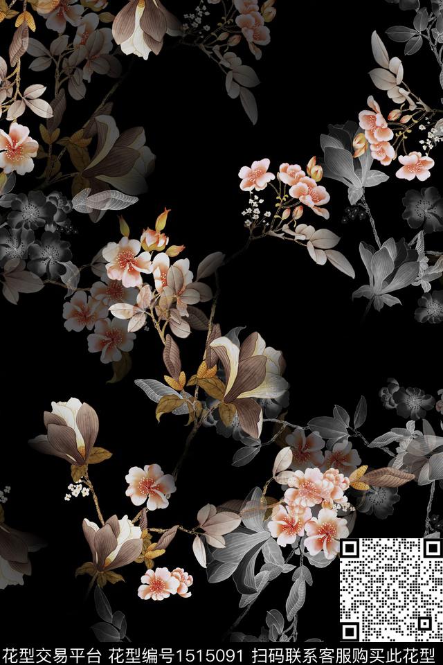 花卉香云纱大牌风数码印花花型下载（图片编号: 1515091） - 瓦栏（Walan）