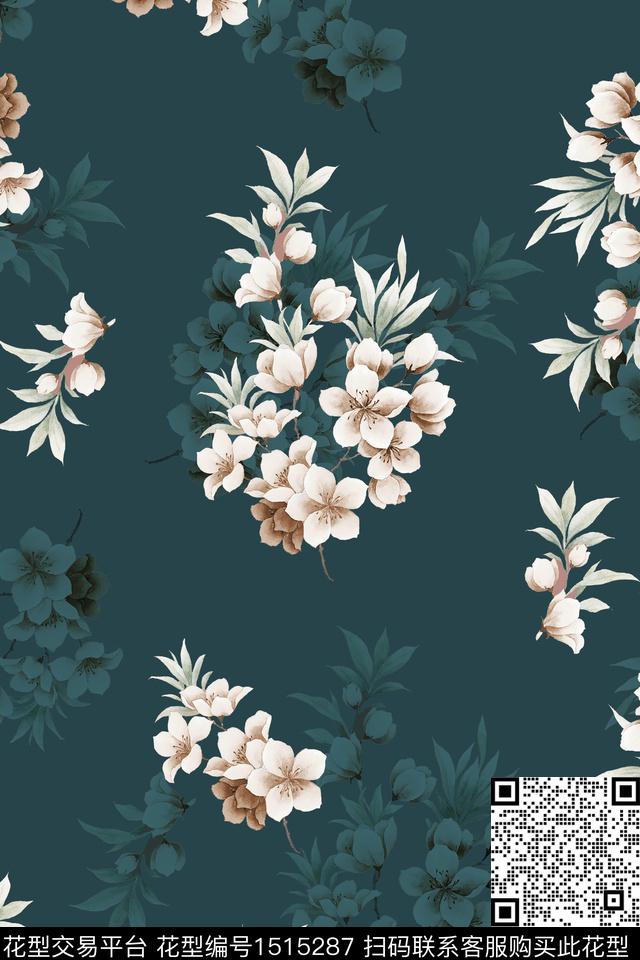 黑底花卉花卉香云纱数码印花花型下载（图片编号: 1515287） - 瓦栏（Walan）