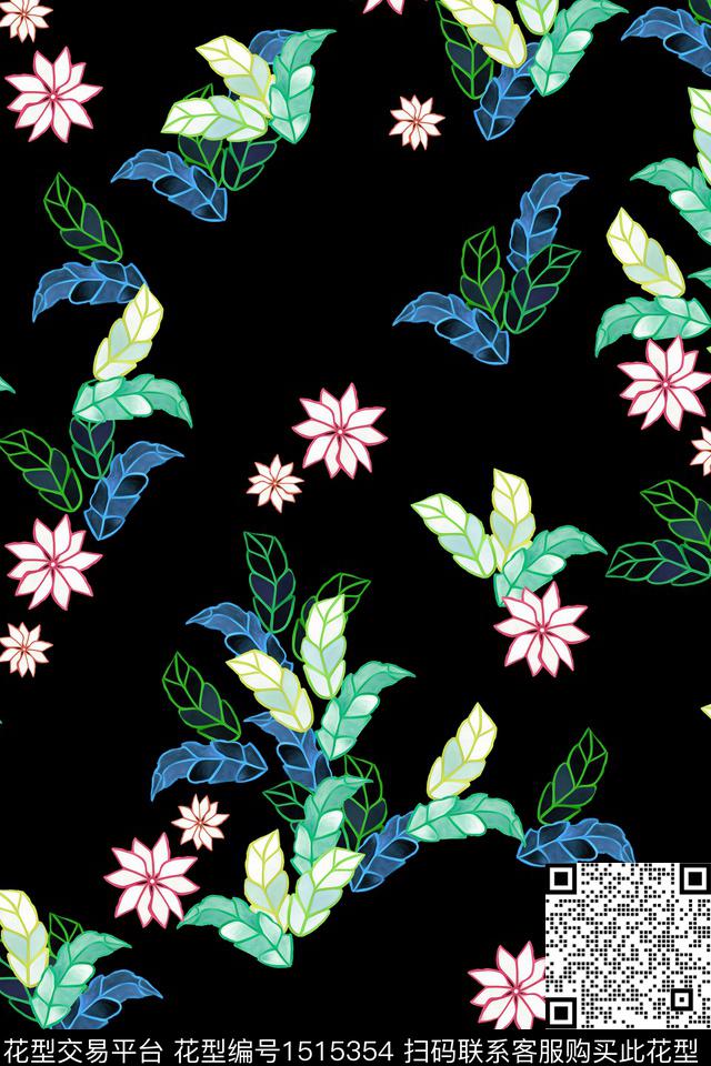 黑底花卉花卉香云纱数码印花花型下载（图片编号: 1515354） - 瓦栏（Walan）