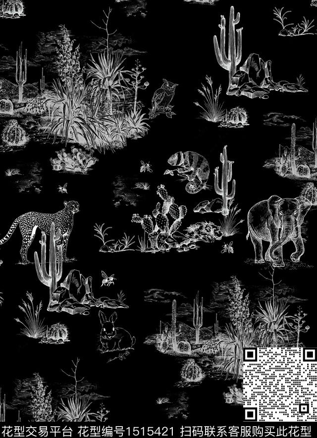 228-1.jpg - 1515421 - 仙人掌 植物 大象豹子兔子蜥蜴 - 数码印花花型 － 男装花型设计 － 瓦栏