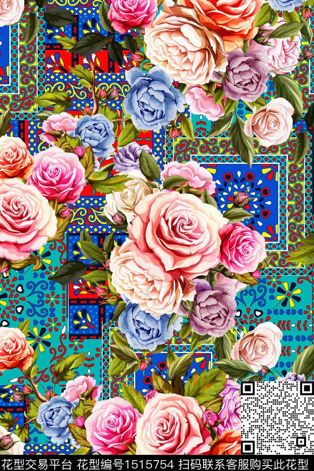 名族风-1.jpg - 1515754 - 绿植树叶 复古 花卉 - 数码印花花型 － 女装花型设计 － 瓦栏