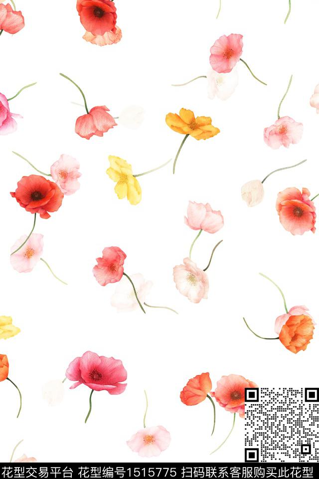 花卉大牌风小清新数码印花花型下载（图片编号: 1515775） - 瓦栏（Walan）