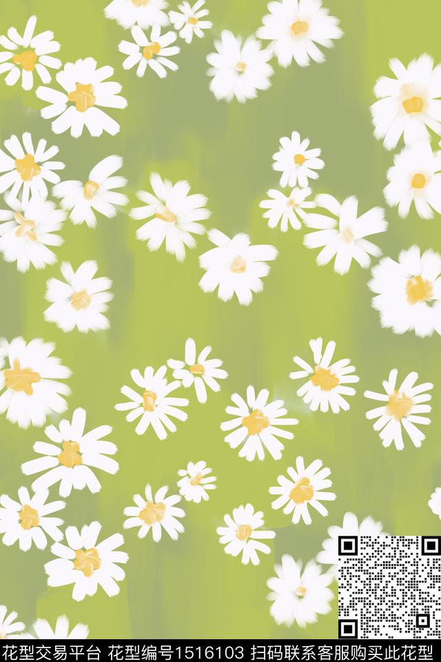 绿色小雏菊小清新数码印花花型下载（图片编号: 1516103） - 瓦栏（Walan）