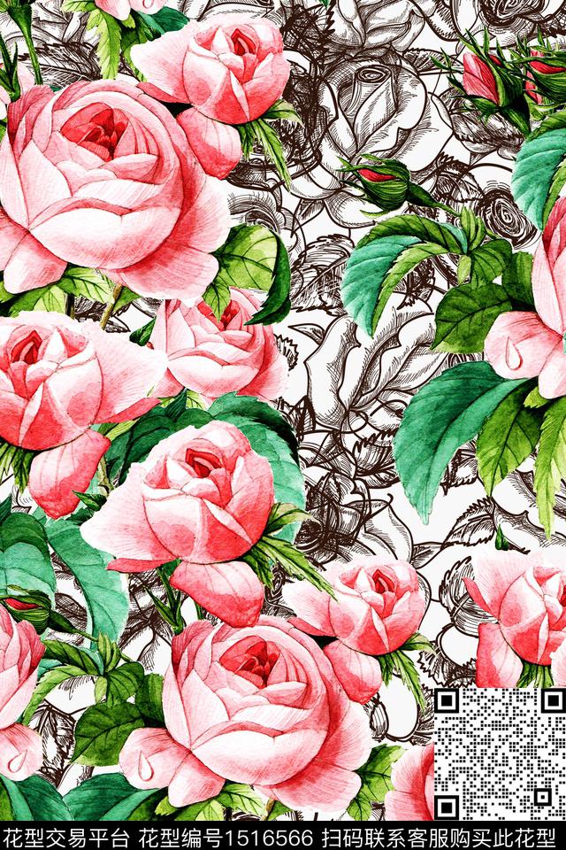 1019-1.jpg - 1516566 - 绿植树叶 花卉 年轻女性 - 数码印花花型 － 女装花型设计 － 瓦栏
