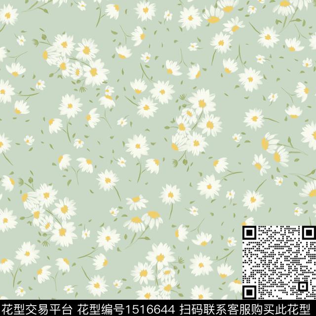 绿色小雏菊小清新数码印花花型下载（图片编号: 1516644） - 瓦栏（Walan）