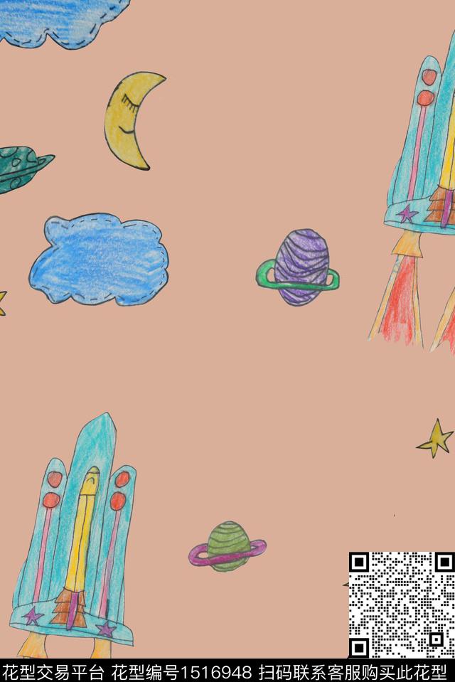 飞向太空最终.jpg - 1516948 - 炫彩 卡通 火箭 - 数码印花花型 － 童装花型设计 － 瓦栏