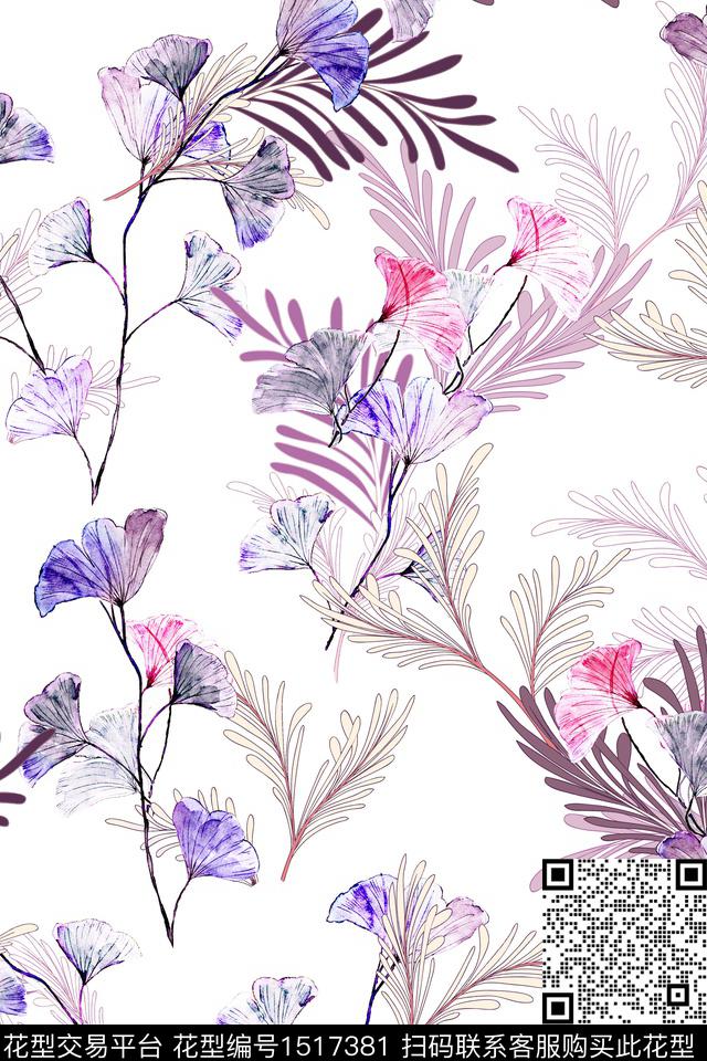 绿植树叶花卉大牌风数码印花花型下载（图片编号: 1517381） - 瓦栏（Walan）