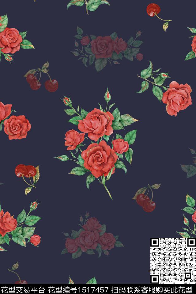 红色玫瑰樱桃图案设计_画板 1.jpg - 1517457 - 绿植树叶 女装 玫瑰花 - 数码印花花型 － 女装花型设计 － 瓦栏