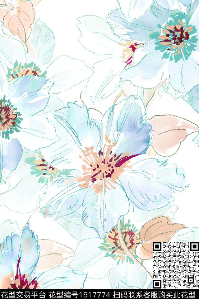 花卉大牌风小清新数码印花花型下载（图片编号: 1517774） - 瓦栏（Walan）