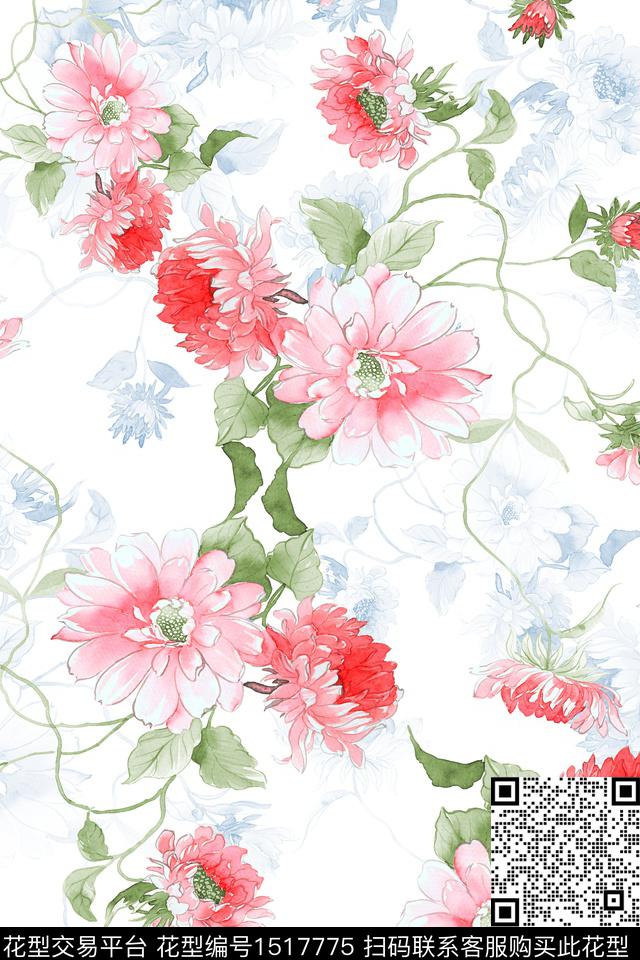 花卉大牌风小清新数码印花花型下载（图片编号: 1517775） - 瓦栏（Walan）