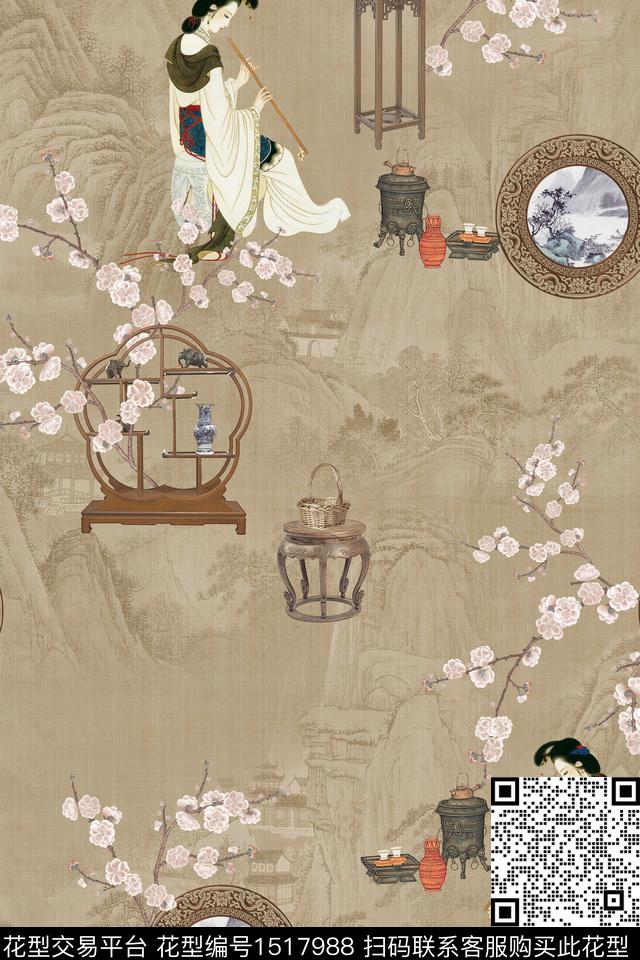 香云纱国画中国风数码印花花型下载（图片编号: 1517988） - 瓦栏（Walan）