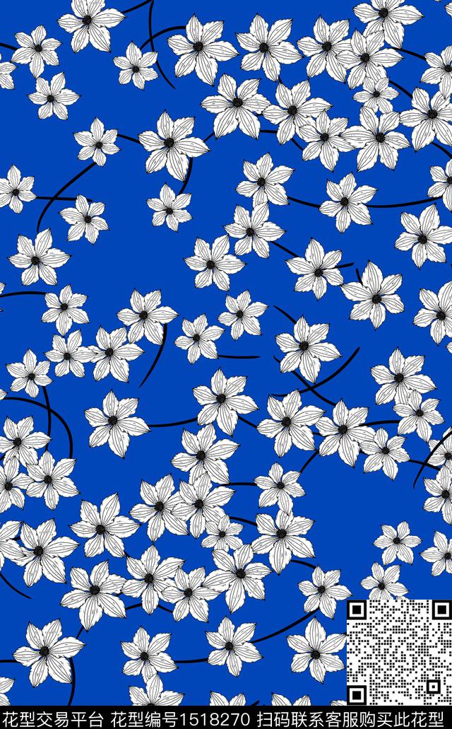 guan1014.jpg - 1518270 - 花卉 手绘 宝蓝底 - 传统印花花型 － 女装花型设计 － 瓦栏