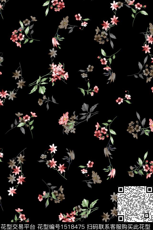黑底花卉大牌风小清新数码印花花型下载（图片编号: 1518475） - 瓦栏（Walan）
