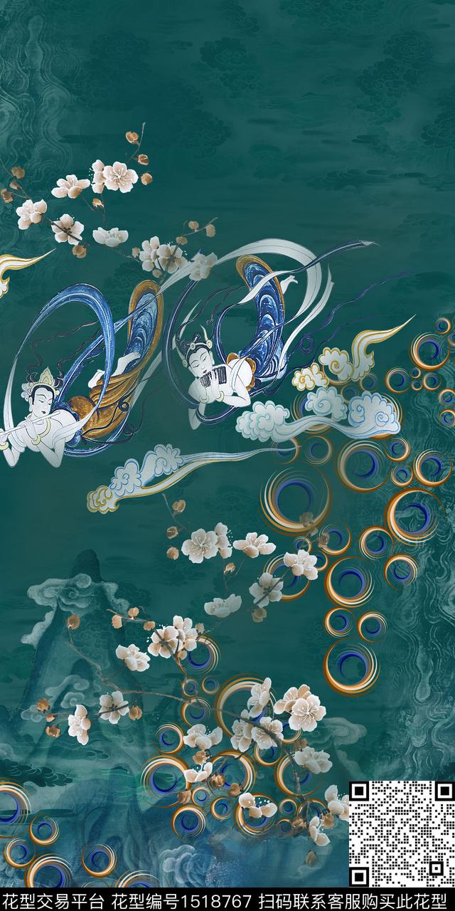 香云纱中国风定位花飞天仕女数码印花花型下载（图片编号: 1518767） - 瓦栏（Walan）