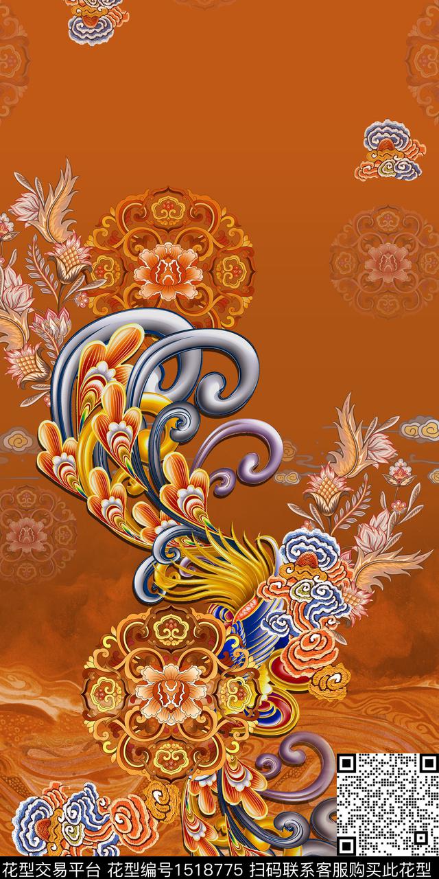祥云香云纱中国风定位花数码印花花型下载（图片编号: 1518775） - 瓦栏（Walan）
