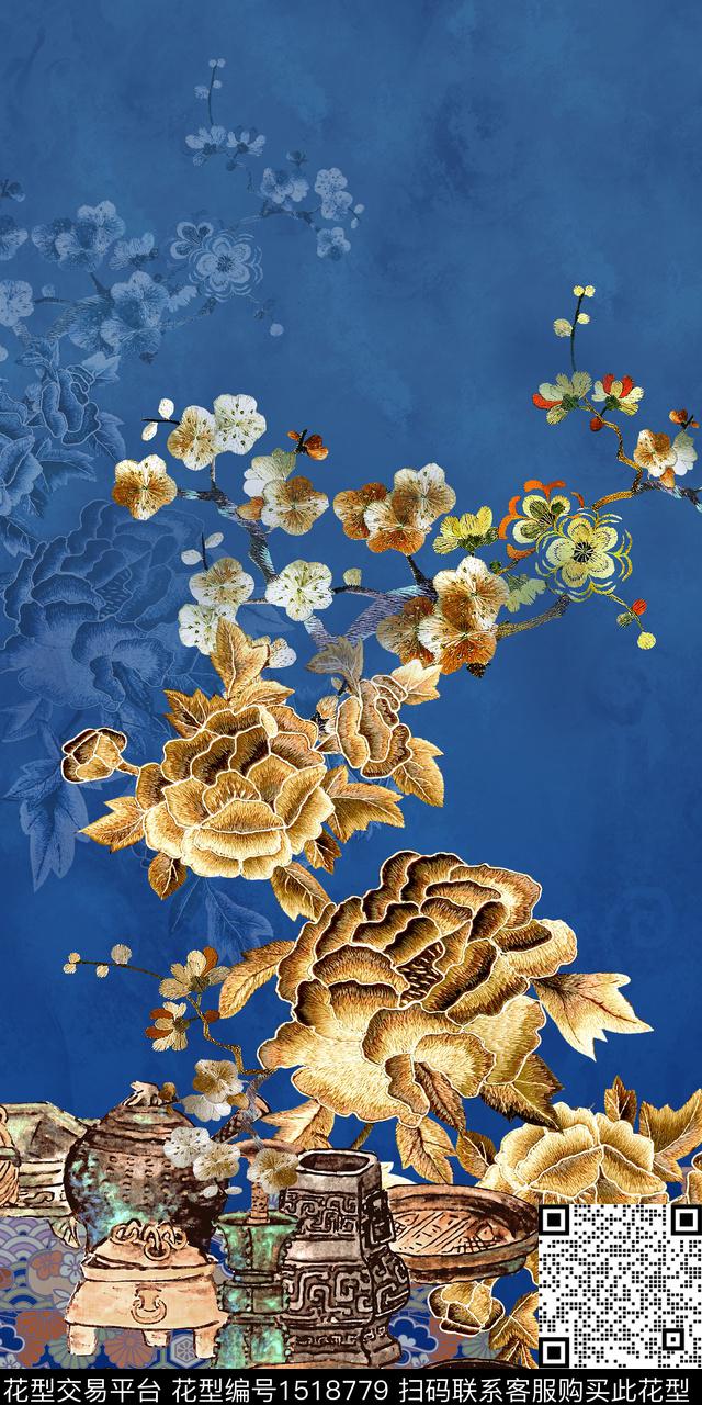香云纱中国风定位花复古旗袍花数码印花花型下载（图片编号: 1518779） - 瓦栏（Walan）