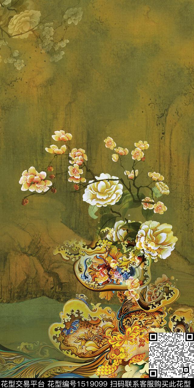 香云纱中国风定位花复古旗袍花数码印花花型下载（图片编号: 1519099） - 瓦栏（Walan）