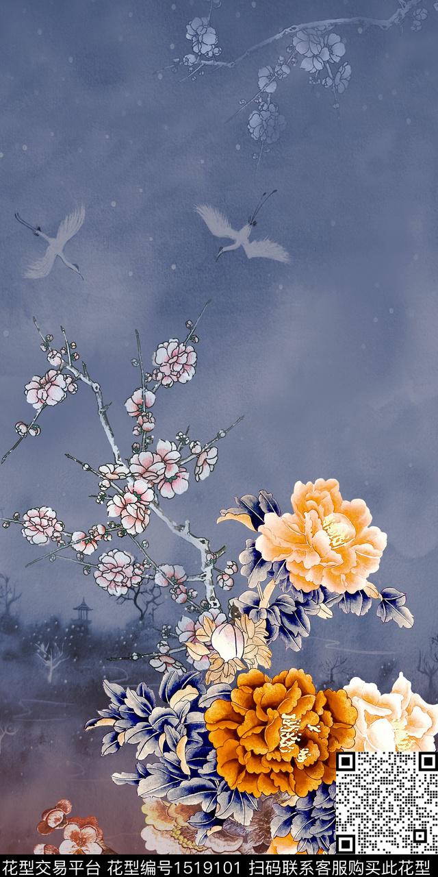 香云纱大花中国风定位花数码印花花型下载（图片编号: 1519101） - 瓦栏（Walan）