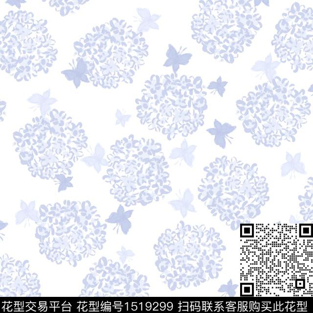 花卉蝴蝶小清新绣球花数码印花花型下载（图片编号: 1519299） - 瓦栏（Walan）
