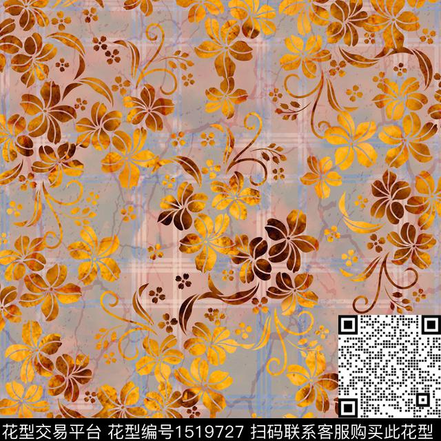 花卉手绘格子数码印花花型下载（图片编号: 1519727） - 瓦栏（Walan）