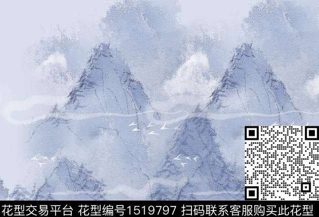 山水白鸟水墨二回位.jpg - 1519797 - 水墨风 手绘 中国 - 数码印花花型 － 女装花型设计 － 瓦栏