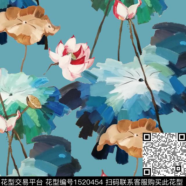 荷花油画花型中老年数码印花花型下载（图片编号: 1520454） - 瓦栏（Walan）