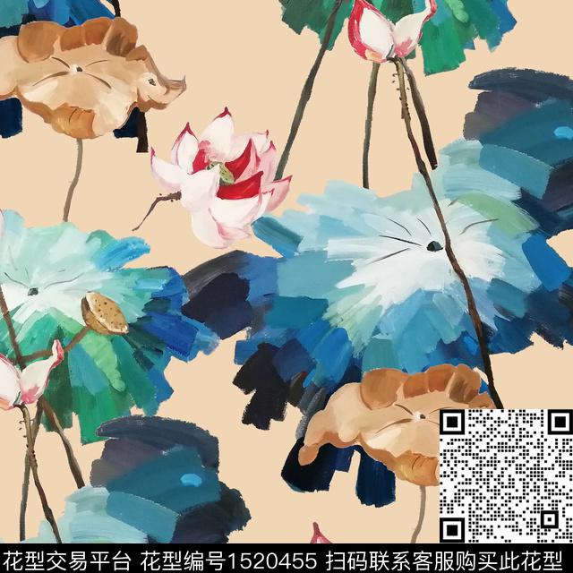 荷花油画花型中老年数码印花花型下载（图片编号: 1520455） - 瓦栏（Walan）