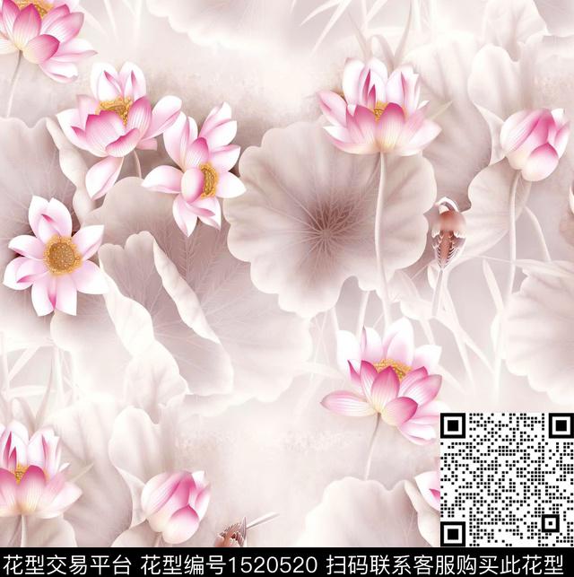 荷花国画中国风数码印花花型下载（图片编号: 1520520） - 瓦栏（Walan）