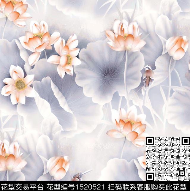荷花国画中国风数码印花花型下载（图片编号: 1520521） - 瓦栏（Walan）