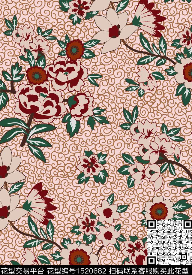 guan1040.jpg - 1520682 - 花卉 手绘 底纹 - 传统印花花型 － 女装花型设计 － 瓦栏