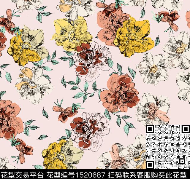 guan1042.jpg - 1520687 - 花卉 手绘 粉底 - 传统印花花型 － 女装花型设计 － 瓦栏