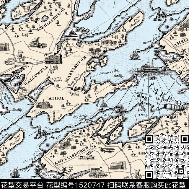 地图字母黑白花型数码印花花型下载（图片编号: 1520747） - 瓦栏（Walan）
