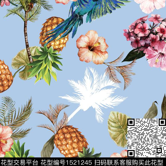 guan1034.jpg - 1521245 - 菠萝 鸟 花卉 - 数码印花花型 － 女装花型设计 － 瓦栏