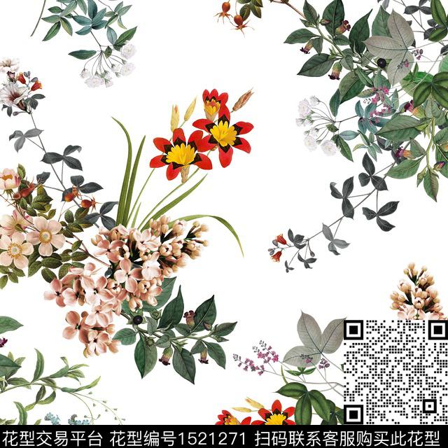 复古花卉白底花数码印花花型下载（图片编号: 1521271） - 瓦栏（Walan）