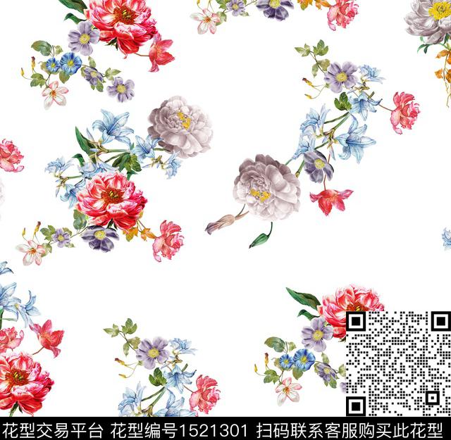 复古花卉白底花数码印花花型下载（图片编号: 1521301） - 瓦栏（Walan）