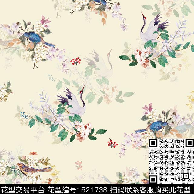 XZ4211.jpg - 1521738 - 仙鹤 真丝 中国 - 数码印花花型 － 女装花型设计 － 瓦栏